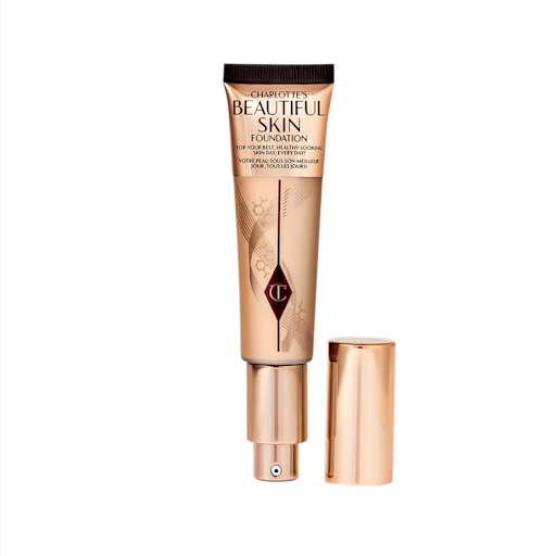 Beautiful Skin Foundation in 4N, geöffnet Ein offener Foundation-Stift in goldener Verpackung mit Dosierspender und hellbraunem Körper, um den Farbton der Foundation im Inneren zu zeigen.