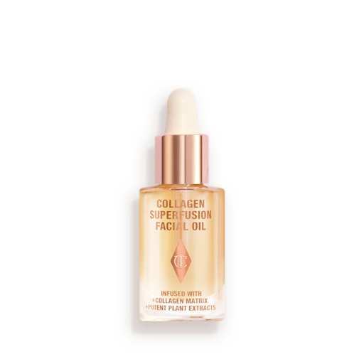 Collagen Superfusion Facial Oil mini closed Travel-size light-gold-coloured facial oil in a glass bottle with a gold and white-coloured dropper lid.