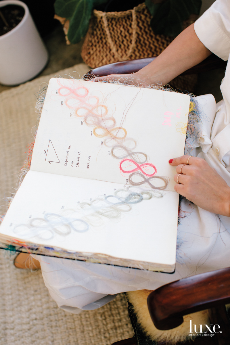 A notebook holds the thread progression for a fiber piece. A notebook holds the thread progression for a fiber piece.