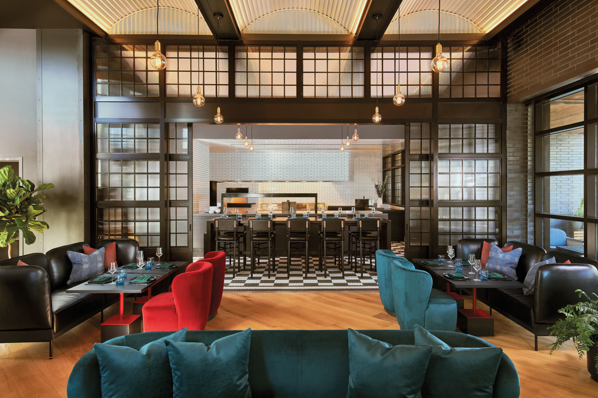 lobby area with blue sofa