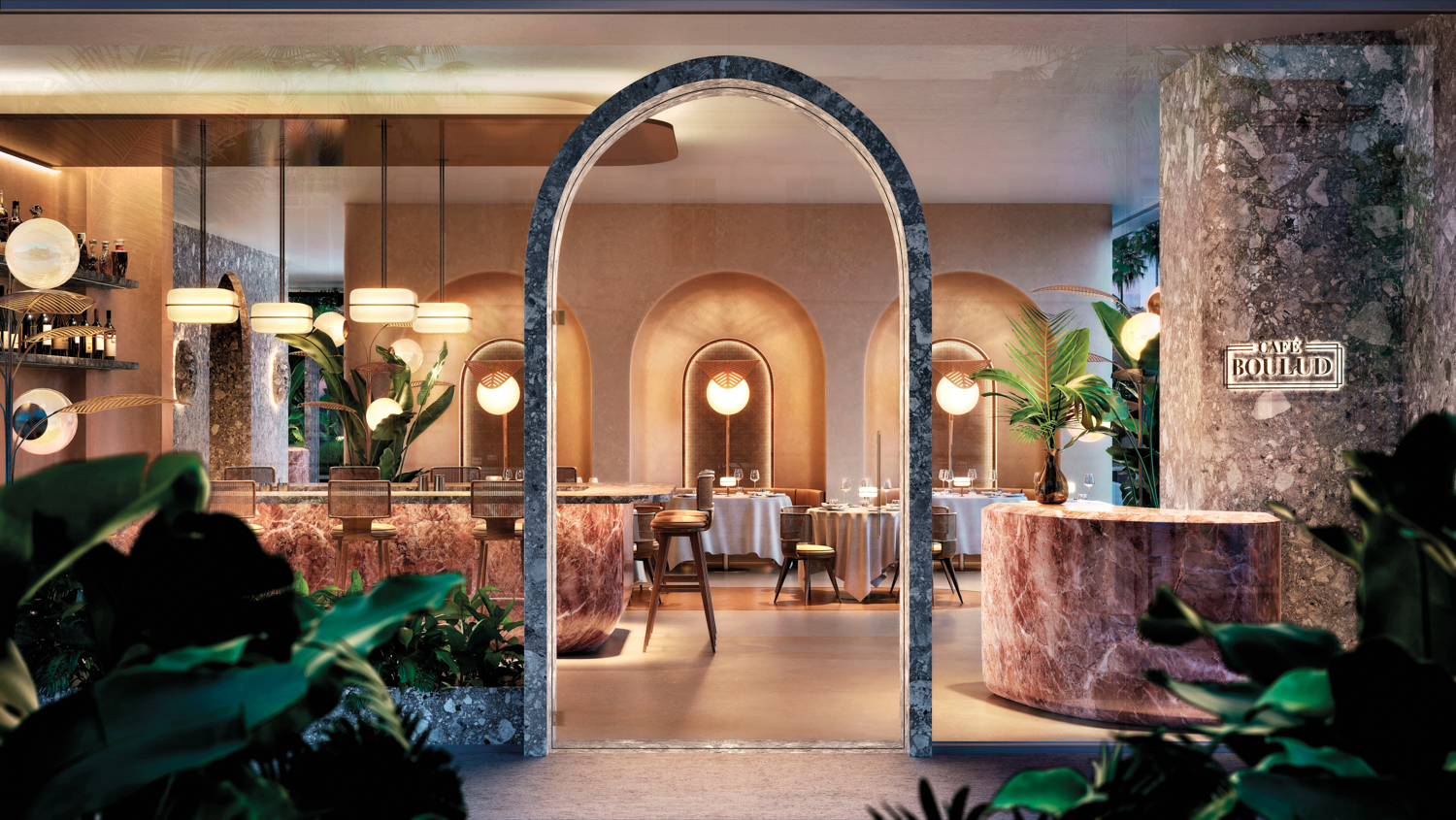 Restaurant with a marble gray marble arch, pink stone counters and palm-frond motif lamps