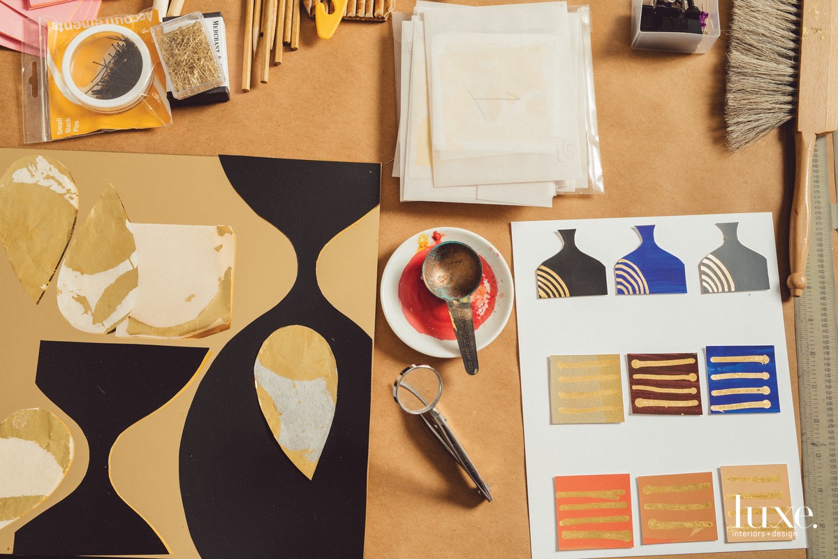 Paints and works in progress fill her studio Paints and works in progress fill her studio.