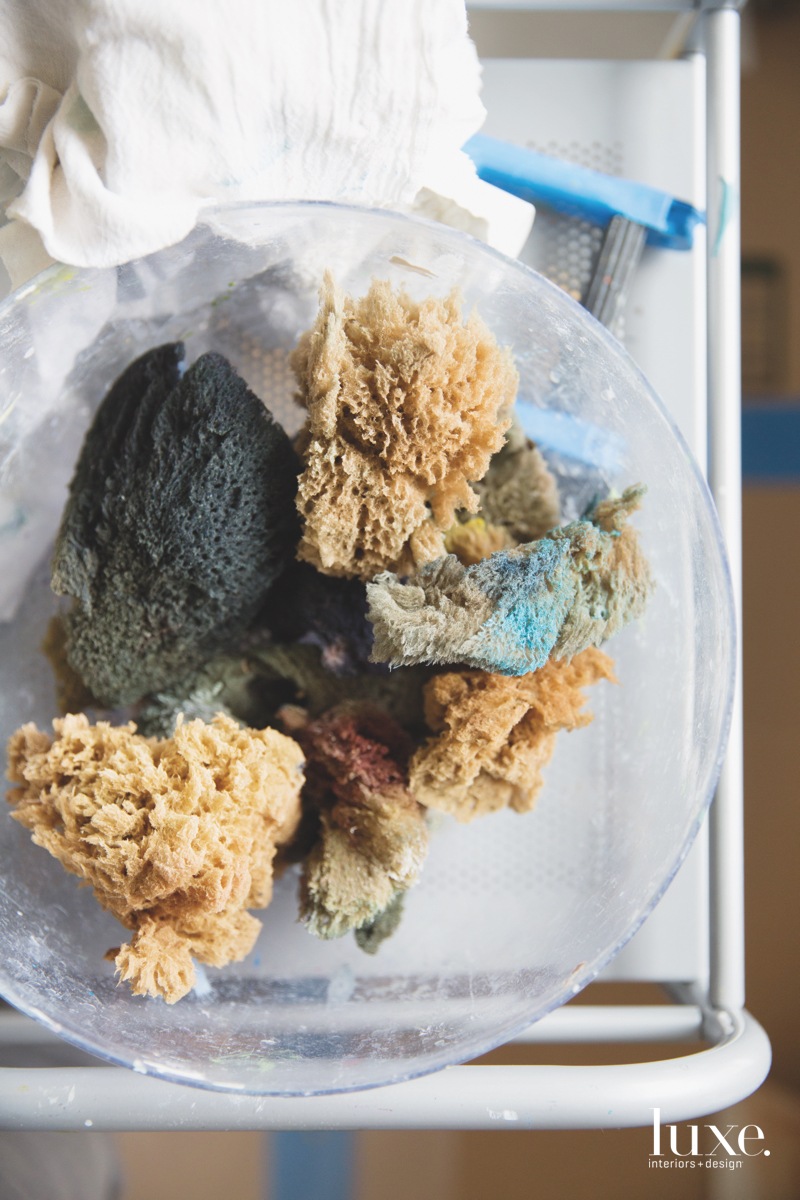 Lepretre uses sea sponges when painting with water media. Lepretre uses sea sponges when painting with water media.