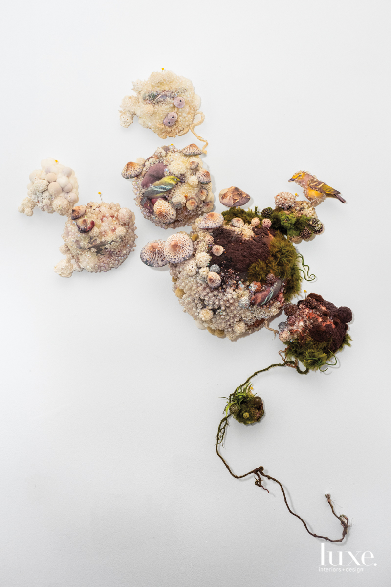 Gross' creations are made of materials such as acrylic yarn, printed fabric and beads.