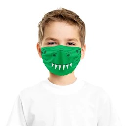 A microfibre face mask for children, printed with a crocodile design.