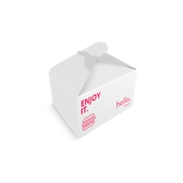 A box for food packaging printed with a pink burger, to personalize with a design on Helloprint