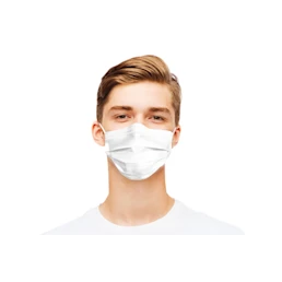 Een man die een onbedrukt decotex mondkapje draagt.