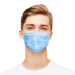 Masque jetable bleu anti-corona avec élastiques vue de face