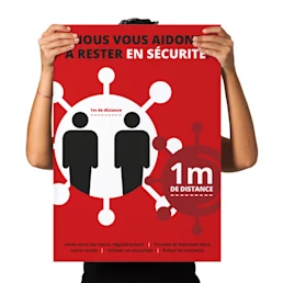 Affiche anti corona rouge, qui peut être utilisée à l'intérieur et à l'extérieur, pour attirer l'attention et informer les clients sur la réglementation pour lutter contre la COVID 19