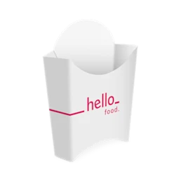 Een voedselverpakking voor Franse frietjes, te bedrukken voor lage prijzen bij Helloprint.