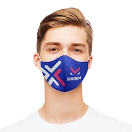 A man wearing a close fitted mask personalised with a pink design.