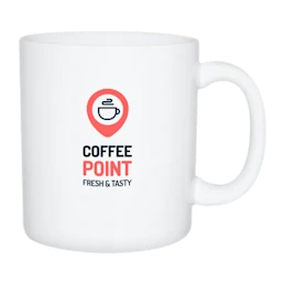 A white coloured XXL sized mug with an example image printed on, available printed at Helloprint with a personalised logo