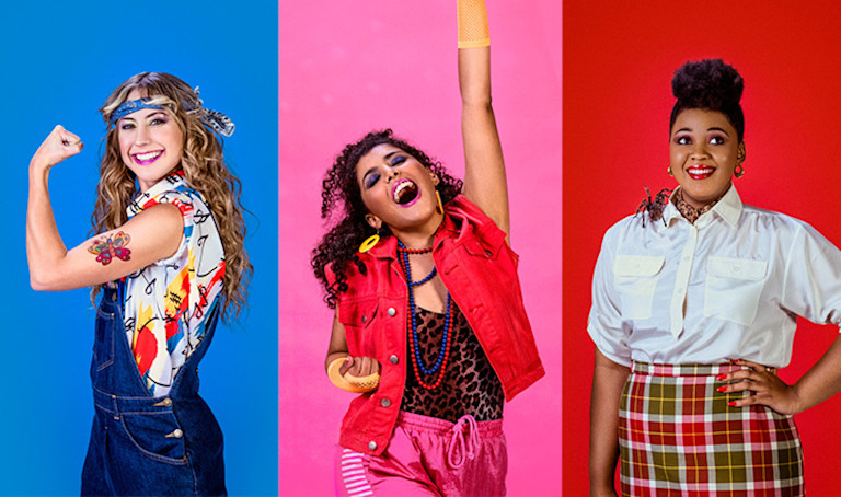 Three child care providers (a painter, a dancer, and a bug expert) looking excited on different color backgrounds