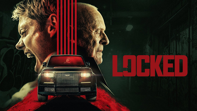 Filmaffisch för "LOCKED" med två profiler, en svart bil med strålkastare på och röda vertikala linjer mot mörk bakgrund.