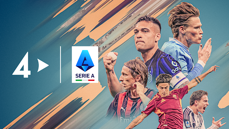 Reklamgrafik för Serie A på TV4, med flera fotbollsspelare i olika lagdräkter mot en blå och orange bakgrund.