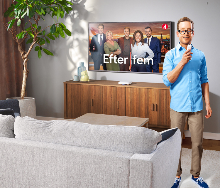 Vardagsrum med tv-skärm och Boxer-Robert bredvid