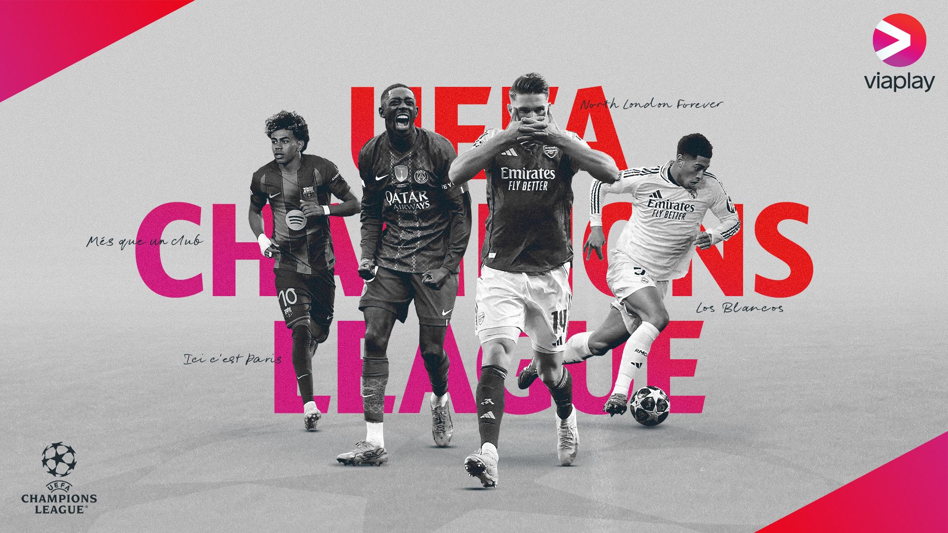 Fotbollsspelare från olika klubbar i UEFA Champions League med Viaplay-logotypen i övre högra hörnet.