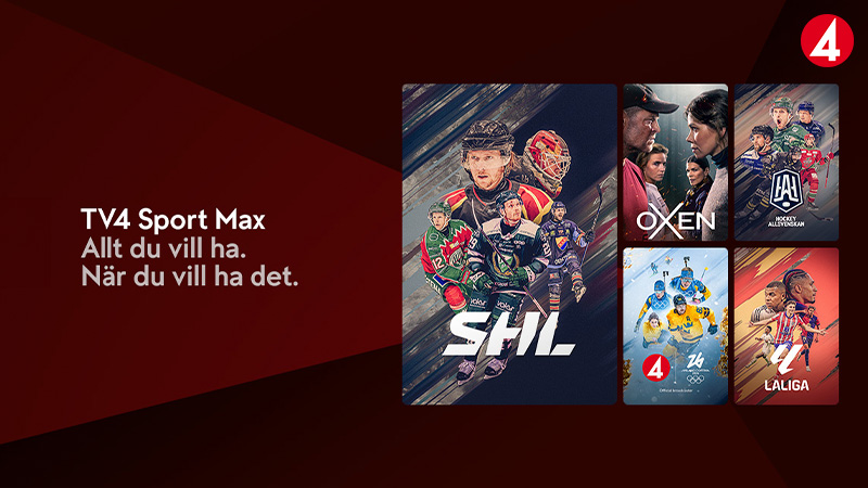 TV4 Sport Max reklamaffisch med SHL-hockeyspelare och andra sportprogram och serier