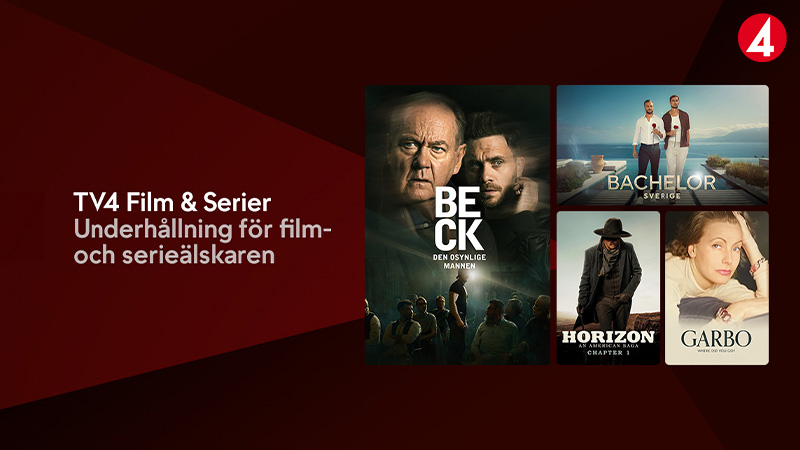 Omslagsbild för TV4 Film & Serier med affischer för olika produktioner som Beck, Bachelor Sverige, Horizon och Garbo.
