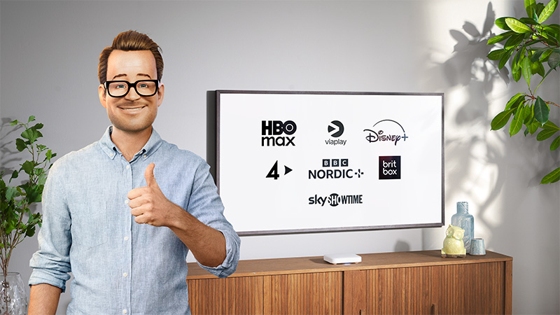 Boxer-Robert gör tummen upp framför en tv-skärm med loggor på streamingtjänster i skärmen