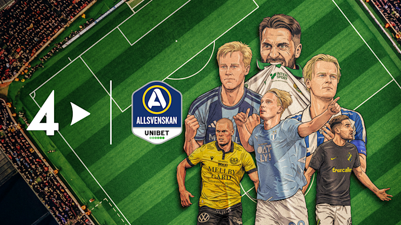 Illustration av fotbollsspelare från Allsvenskan med olika klubbtröjor mot en grön fotbollsplan med Allsvenskans logotyp.