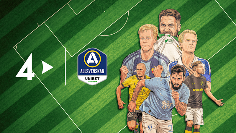 Illustration av fotbollsspelare från Allsvenskan med olika klubbtröjor mot en grön fotbollsplan med Allsvenskans logotyp.