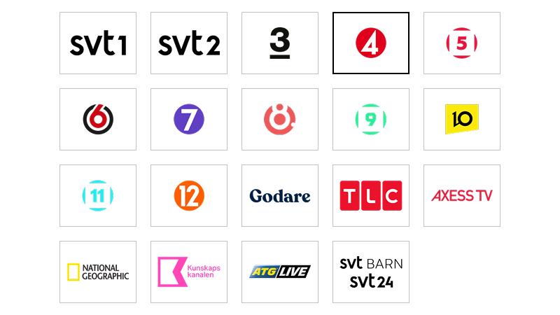 Kanaler som ingår i TV Bas: SVT1, SVT2, TV3, TV4, Kanal 5, TV6, Sjuan, TV8, Kanal 9, TV10, Kanal 11, TV12, Godare, TLC, Axess TV, National Geographic, Kunskapskanalen, ATG Live, SVT24, SVT Barn