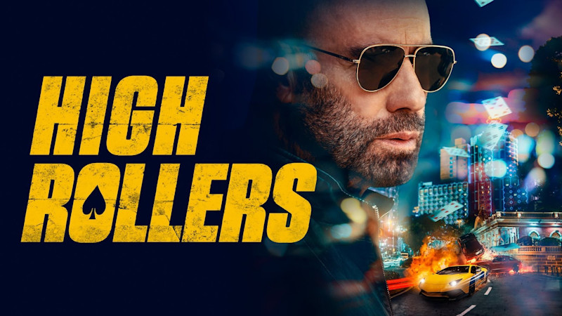Person med solglasögon i filmaffisch för "High Rollers" med gul text och actionscener med sportbilar i bakgrunden.