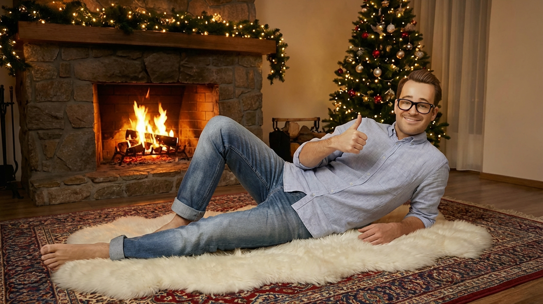 Boxer-Robert på fårskinnsfäll framför en brasa