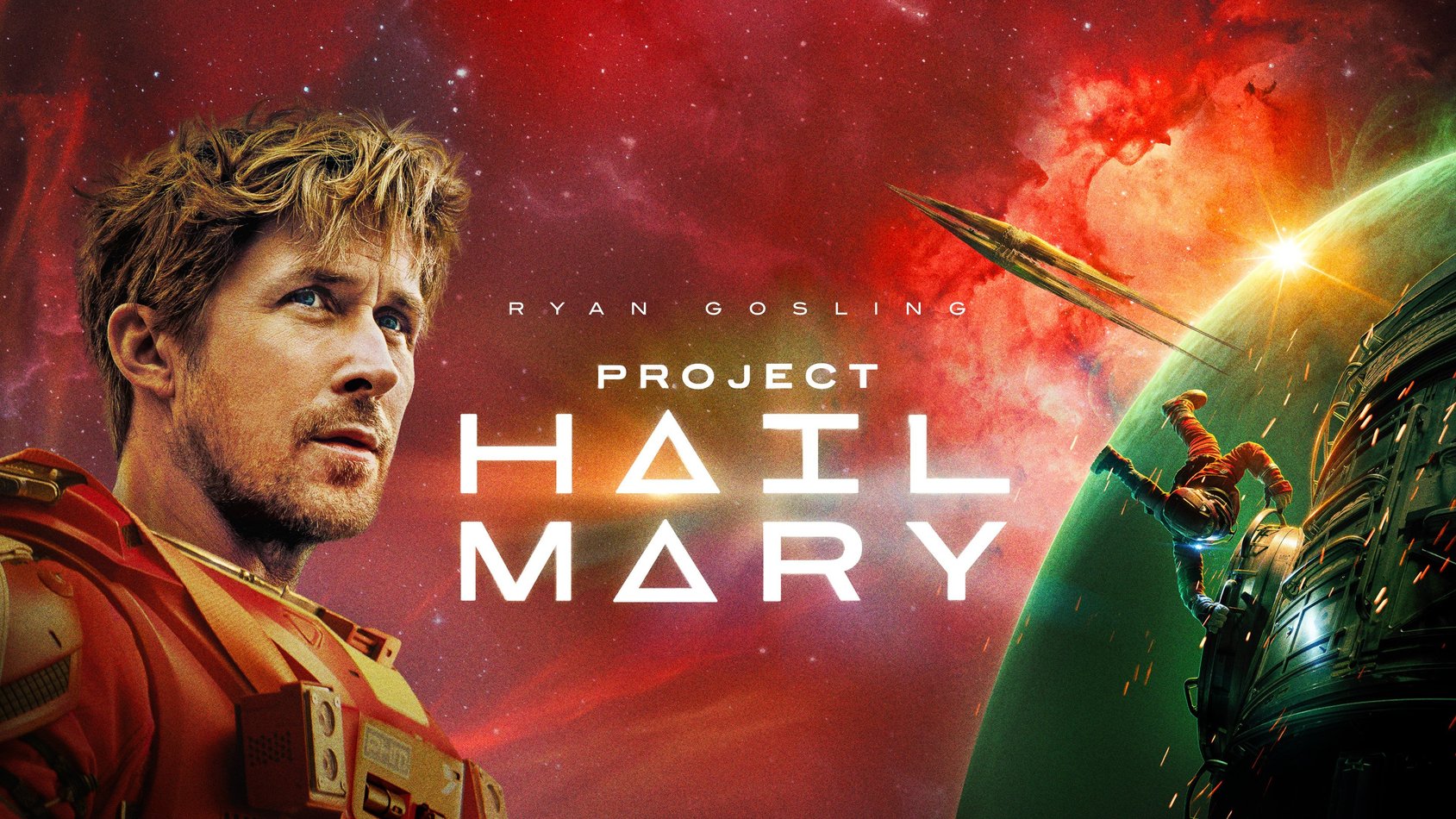 Filmaffisch för Project Hail Mary med Ryan Gosling i röd rymddräkt mot en dramatisk röd rymdmiljö.