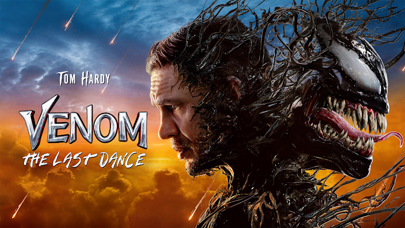 Tvåsam bild av Tom Hardy och den skräckinjagande varelsen Venom, delvis sammansmälta. Titeln Venom: The Last Dance står till vänster i bild.