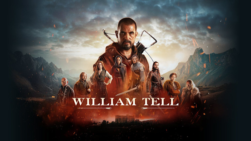 Filmaffisch för William Tell med huvudkaraktären i centrum och flera personer i medeltida kläder mot dramatisk bergsbakgrund.