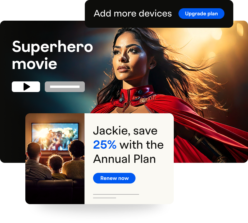 A woman in a superhero costume with a red cape looks confidently at the camera, promoting a movie and subscription offer.