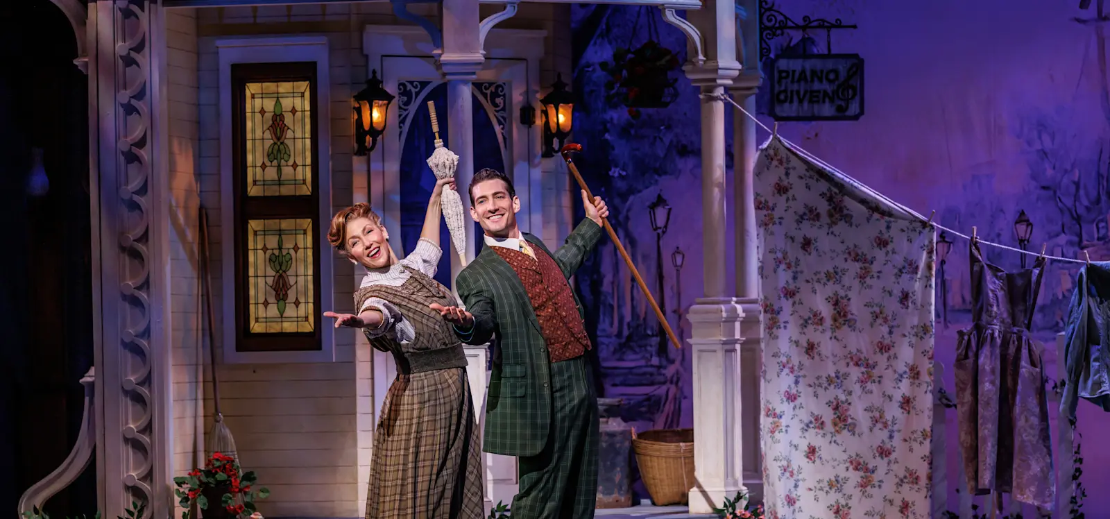 Music Man company in roles of Mrs. Paroo and Harold Hill. Photo by Marshall Meadows.