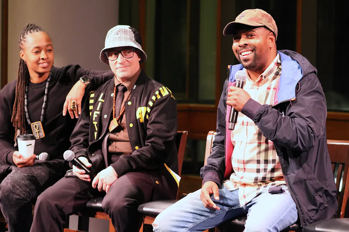 Tish Jones, Jason Noer (B-Boy J-Sun), and Rodney Hill from Rennie Harris Puremovement speak at a pre-show event during From the Ground Up. Photo by Jenea Rewertz-Targui.