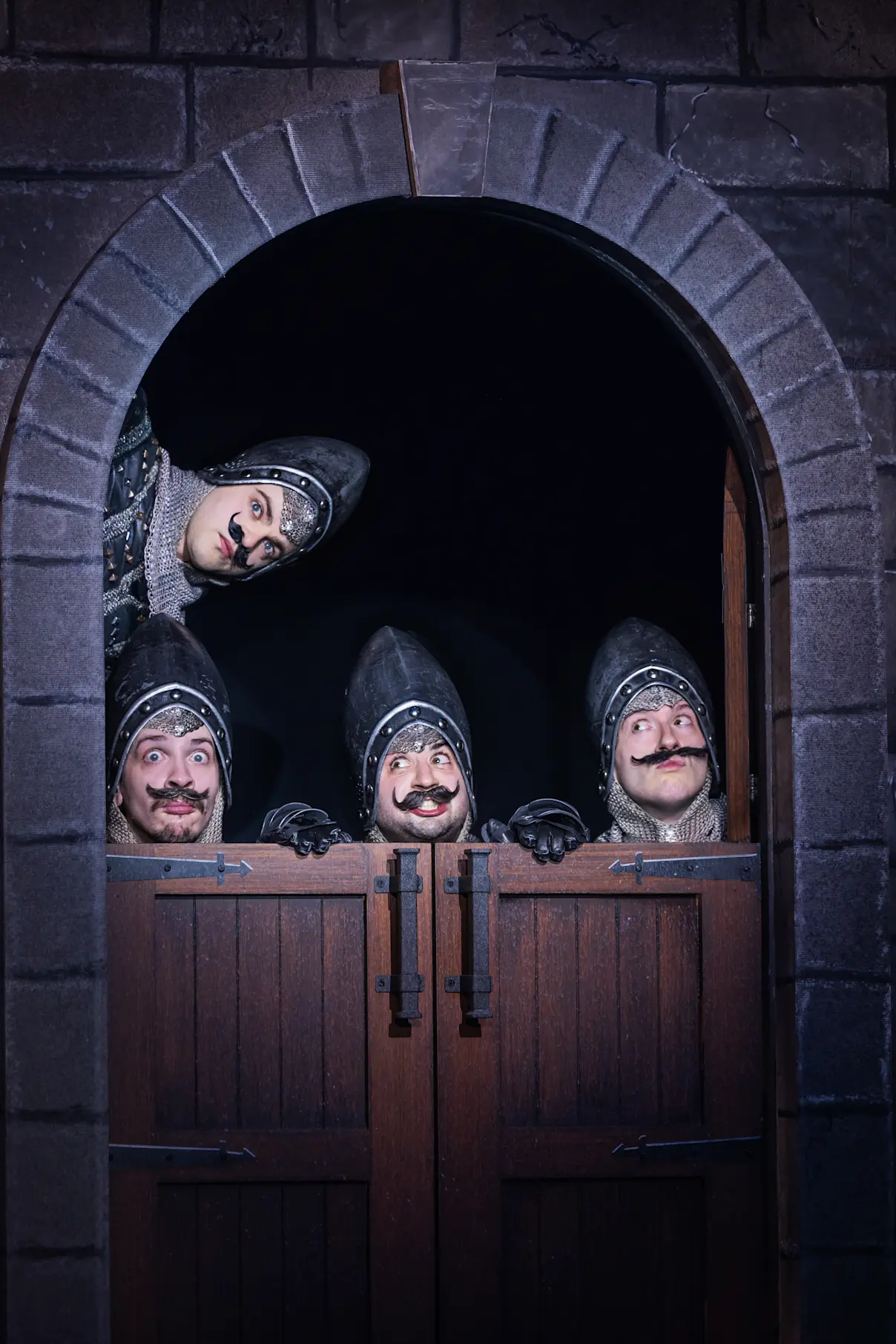 Steven Telsey, L'ogan J'ones, Chris Collins-Pisano, and Connor Coughlin in the North American Tour of Spamalot. Photo by Matthew Murphy and Evan Zimmerman.