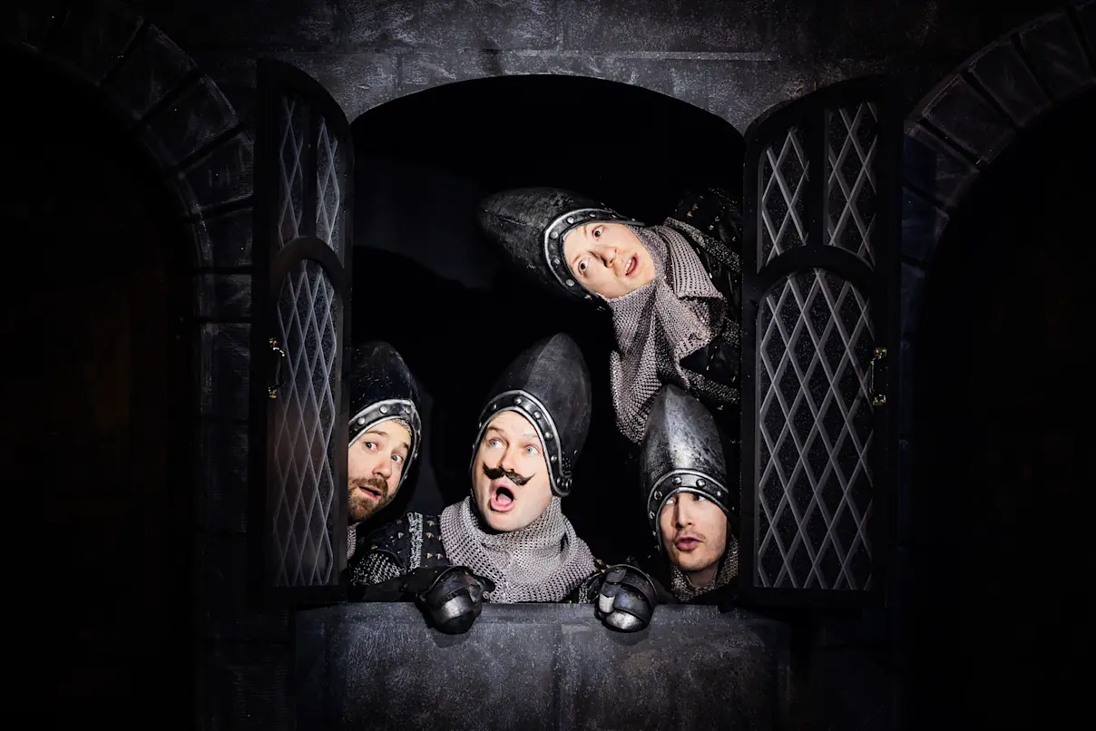 Michael Fatica, Taran Killam, Drew Reddington, Ethan Slater in the Broadway production of Spamalot. Photo by Matthew Murphy and Evan Zimmerman.