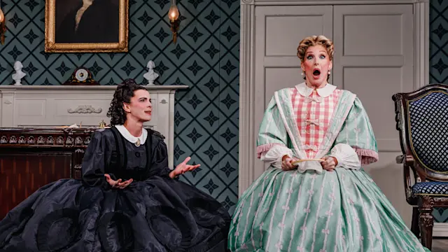 Betty Gilpin and Bianca Leigh in Oh, Mary! on Broadway. Photo by Marc J. Franklin.