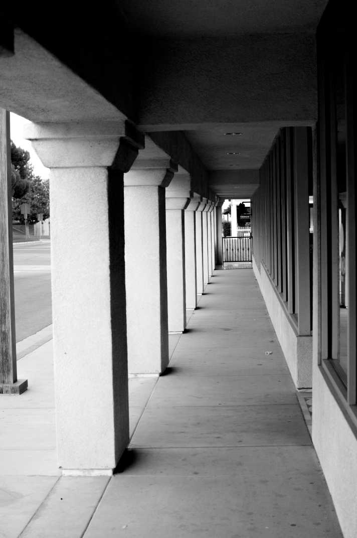 Black and white hallway with pillars in Banning, California.