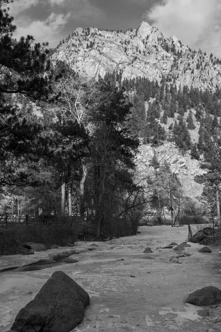 black and white shot of the mountains and trees with the river in front at Eldorado Canyon State Park #Boulder #Colorado #Nature #StatePark #EldoradoCanyon #BlackAndWhite