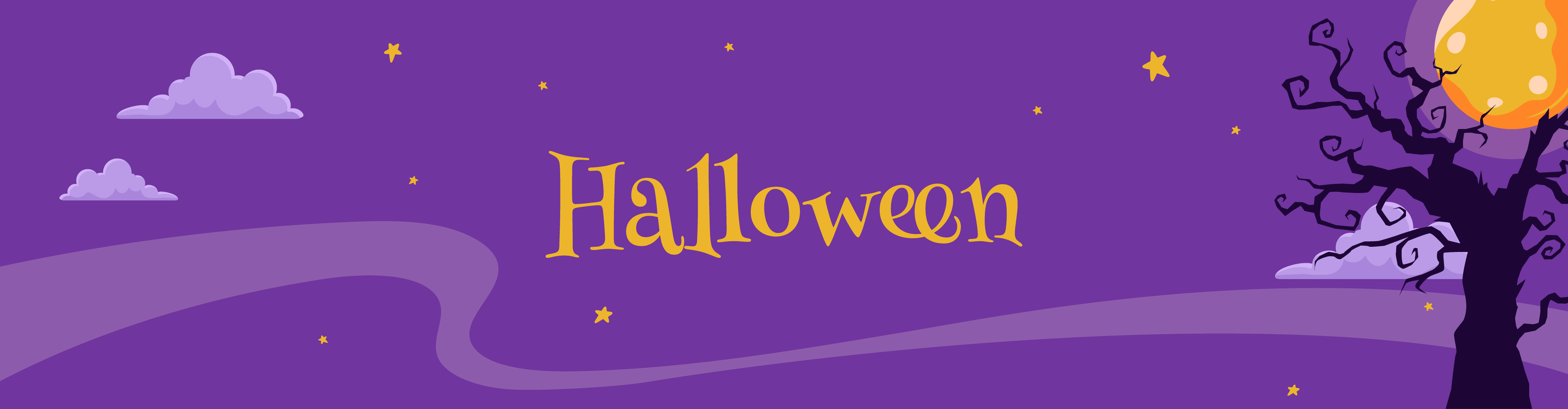 Purple text spelling Halloween in spooky font on a purple sky with stars