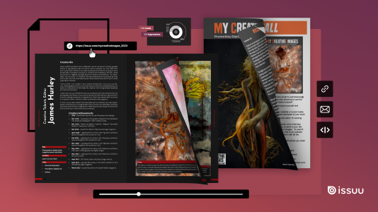 My Creative Images publications surrounded by digital elements from the Issuu platform