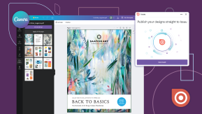 Canva workspace elements and logo with Issuu platform elements, publication, and logo on a purple background