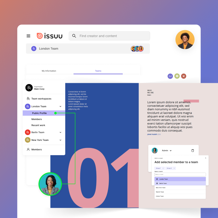 Issuu workspace in white with boxes and circles with people's faces on a purple background
