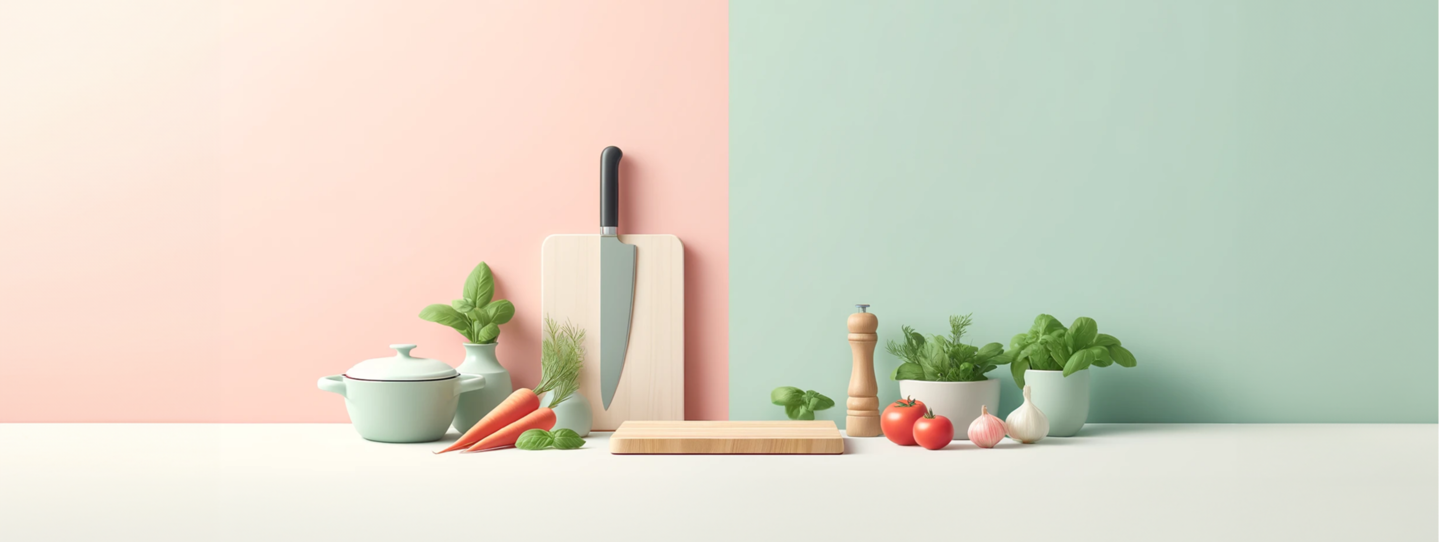 A minimalistic illustration for a food blog banner, featuring a pastel pink or mint green background. The image includes a modern, clean kitchen count
