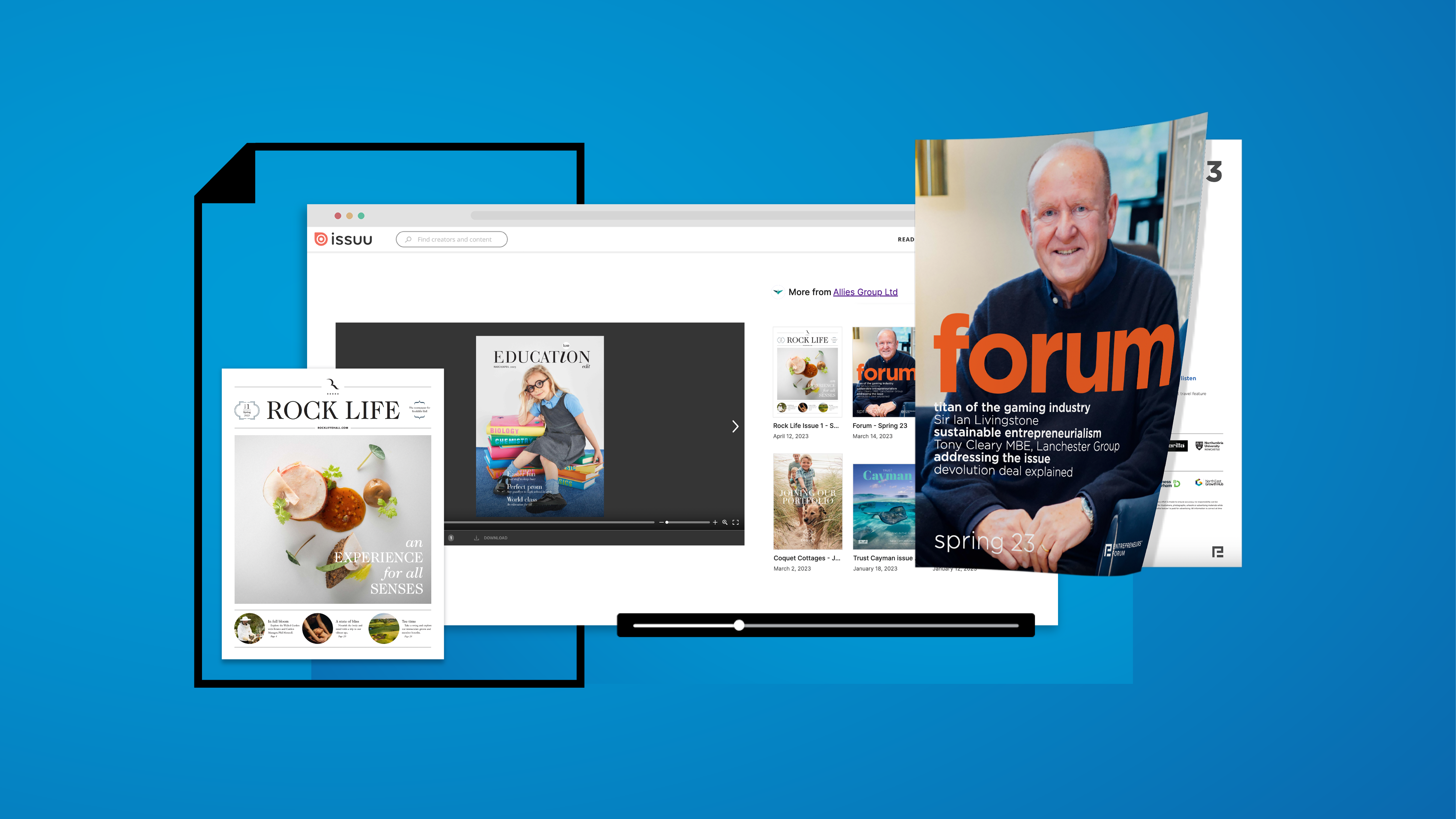 Issuu platform elements mixed with Allies Group publications featuring business men and lifestyle objects