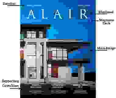 Photo of cover from Alair magazine with all elements of a magazine cover labeled, including the masthead, dateline, magazine deck, and supporting coverlines.