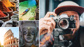 A collage featuring a photographer and photos of beautiful global destinations. 