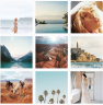 An image that shows a layout of nine images similar to Instagram. The images all create a light aesthetic that features photos of beautiful landscapes and people.