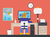 A GIF of an animated person working at a desk with a computer.